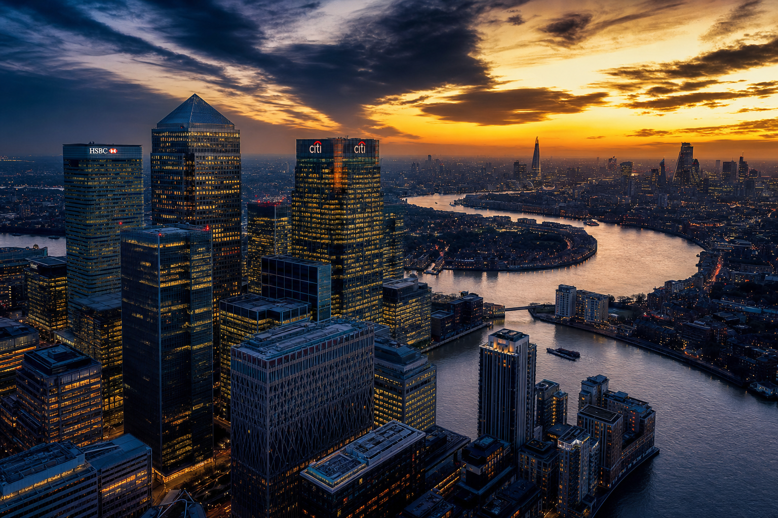 London financial district at dusk